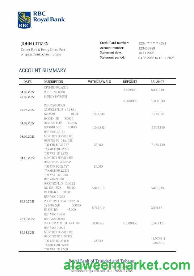 Trinidad and Tobago Royal bank statement